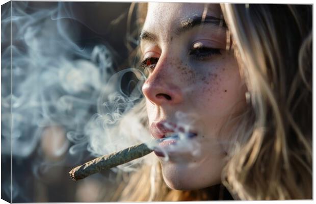 Close up of a woman smoking a big weed joint with some cannabis  Canvas Print by Michael Piepgras