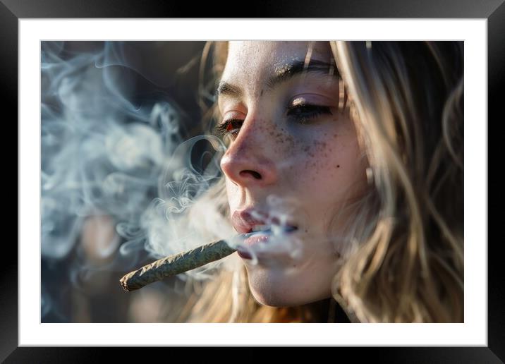 Close up of a woman smoking a big weed joint with some cannabis  Framed Mounted Print by Michael Piepgras