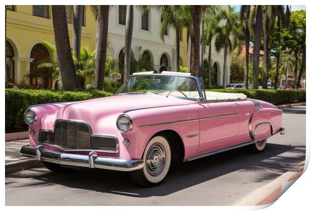 Pink convertible from the 70s in an avenue of palm trees. Print by Michael Piepgras