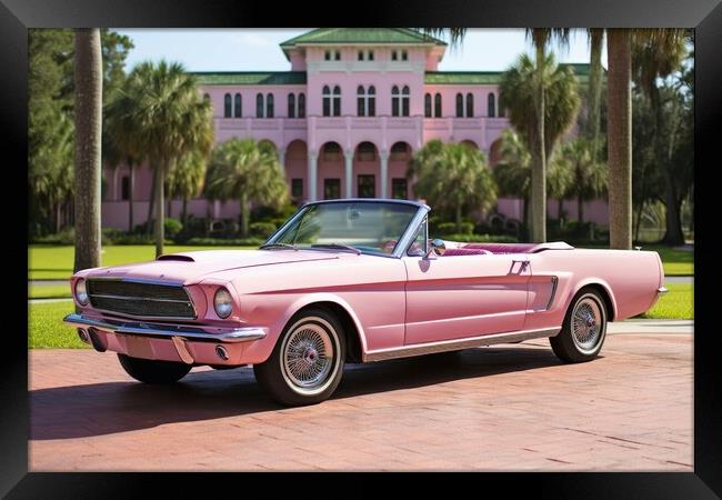 Pink convertible from the 70s in an avenue of palm trees. Framed Print by Michael Piepgras