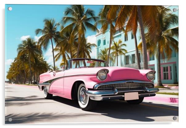 Pink convertible from the 70s in an avenue of palm trees. Acrylic by Michael Piepgras