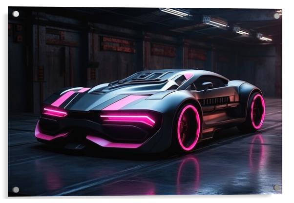 Powerful futuristic muscle car in pink color. Acrylic by Michael Piepgras