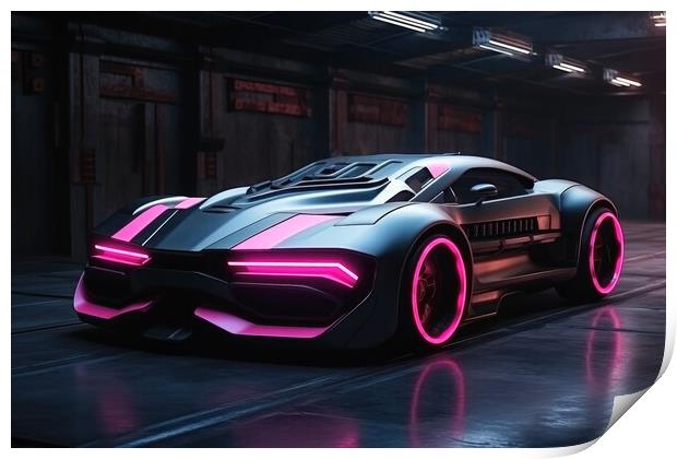 Powerful futuristic muscle car in pink color. Print by Michael Piepgras