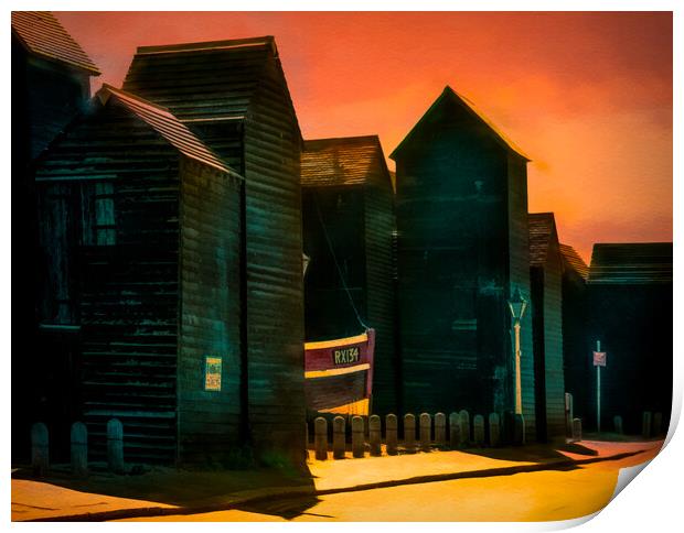 Fishing Huts On Hastings Seafront at Sunset Print by Chris Lord