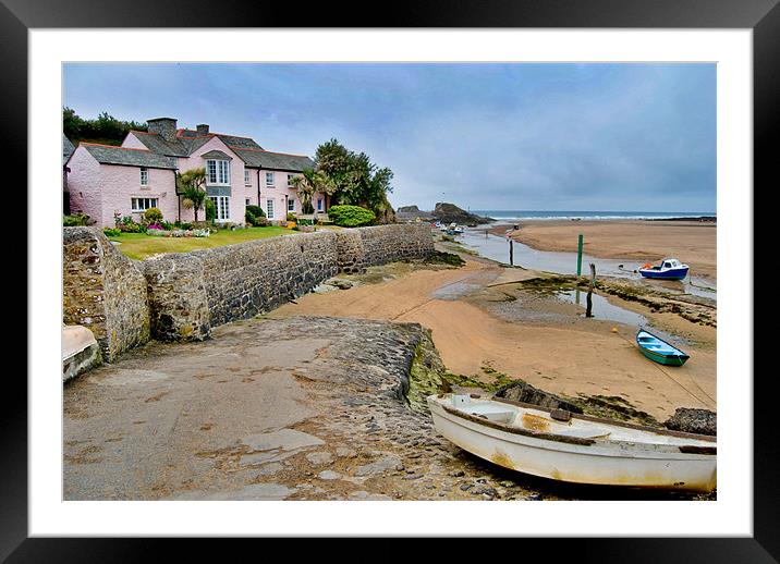 Pink seashore cottage, Bude, Cornwall Framed Mounted Print by Brian Spooner
