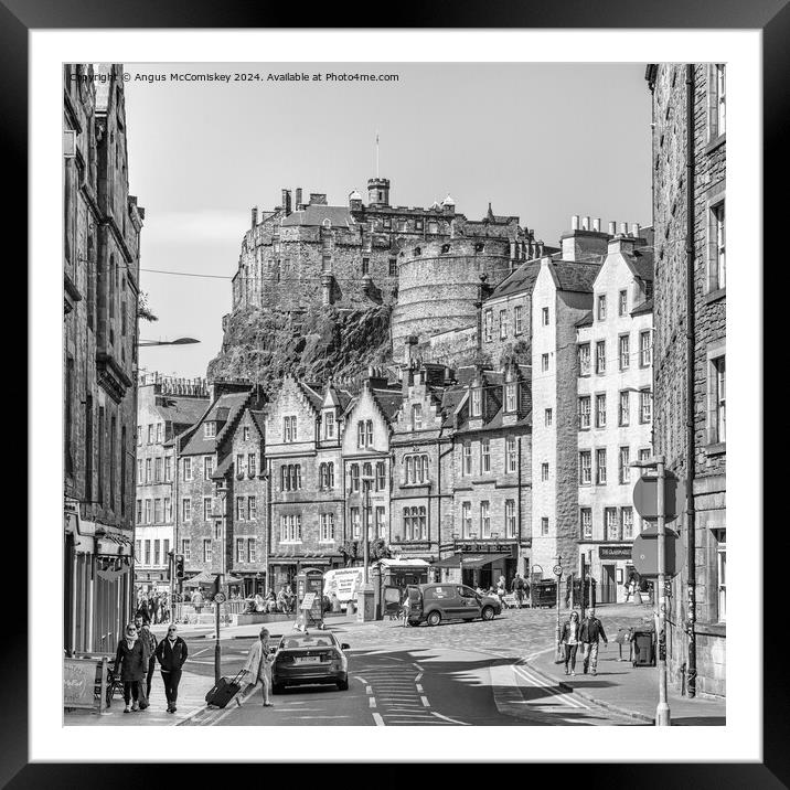 Edinburgh Castle and Grassmarket (black and white) Framed Mounted Print by Angus McComiskey