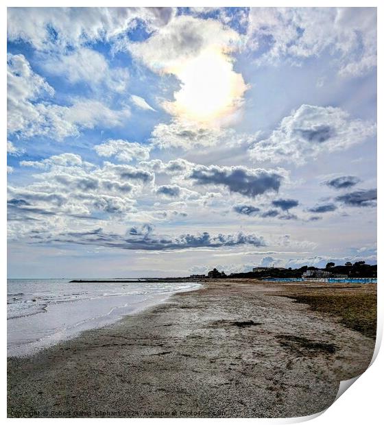 Sun in clouds over beach Print by Robert Galvin-Oliphant