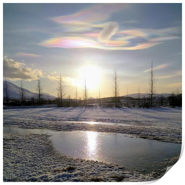 Nacreous clouds over a snowy landscape  Print by Robert Galvin-Oliphant