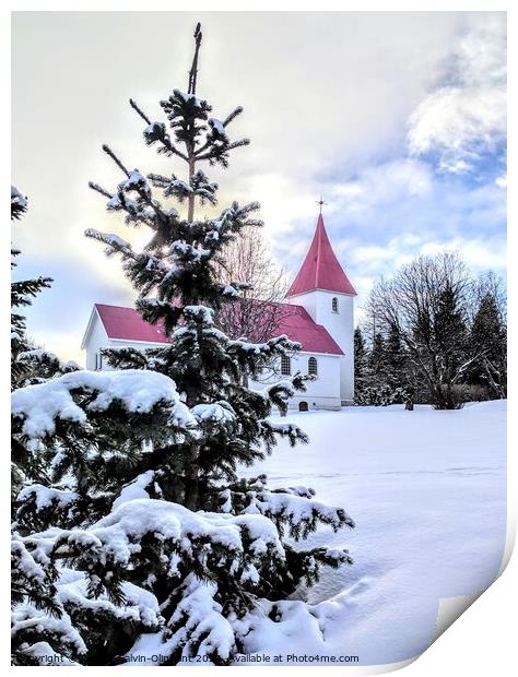 Iceland church and trees in snow  Print by Robert Galvin-Oliphant