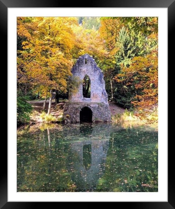 Artificial chapel ruin on pond Framed Mounted Print by Robert Galvin-Oliphant