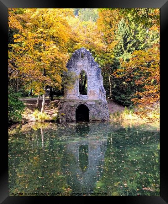 Artificial chapel ruin on pond Framed Print by Robert Galvin-Oliphant