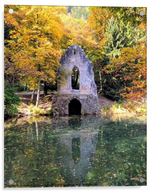 Artificial chapel ruin on pond Acrylic by Robert Galvin-Oliphant
