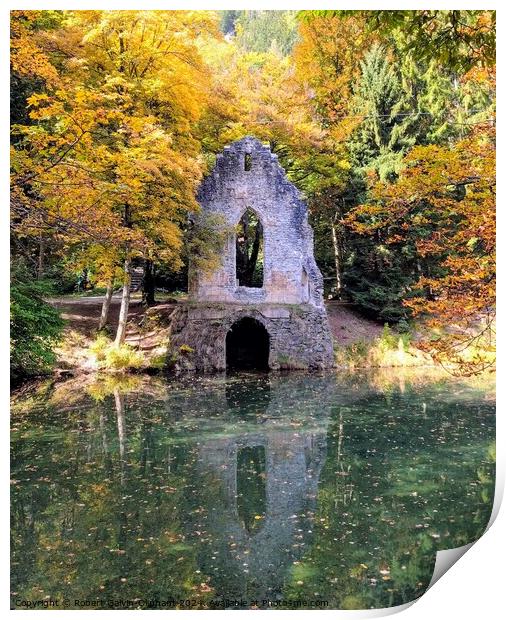 Artificial chapel ruin on pond Print by Robert Galvin-Oliphant