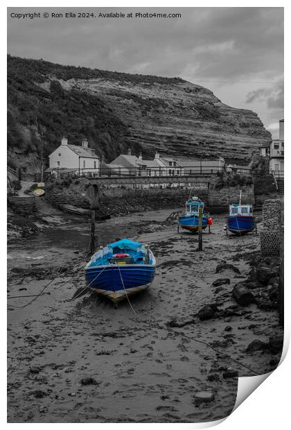 The Blue Boats in Staithes  Print by Ron Ella