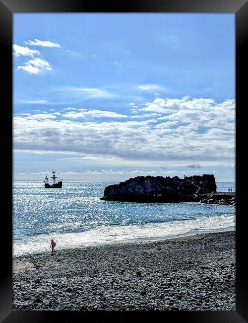 Ship passing Fomosa Beach, Madeira  Framed Print by Robert Galvin-Oliphant