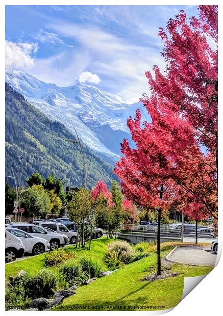Autumn red trees and French Alps Print by Robert Galvin-Oliphant