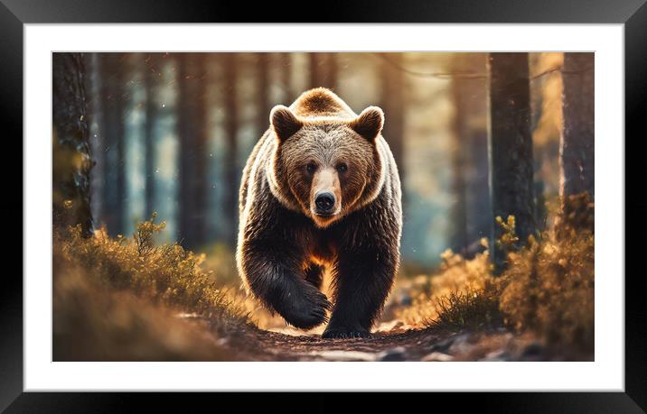 A large brown bear walking across a dirt road Framed Mounted Print by Guido Parmiggiani