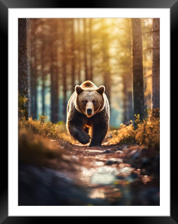 A large brown bear walking across a dirt road Framed Mounted Print by Guido Parmiggiani