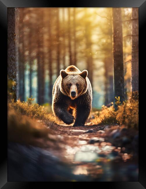 A large brown bear walking across a dirt road Framed Print by Guido Parmiggiani