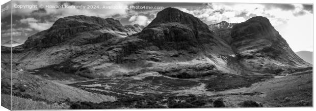 Three Sisters of Glencoe panoramic monochrome, Sco Canvas Print by Howard Kennedy