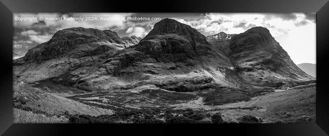 Three Sisters of Glencoe panoramic monochrome, Sco Framed Print by Howard Kennedy