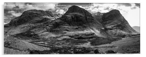 Three Sisters of Glencoe panoramic monochrome, Sco Acrylic by Howard Kennedy