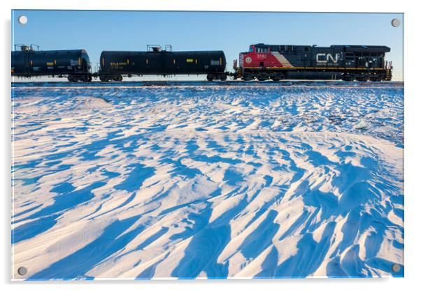 Locomotive Pulling Tanker Cars Passing Snow Drift Patterns Acrylic by Dave Reede