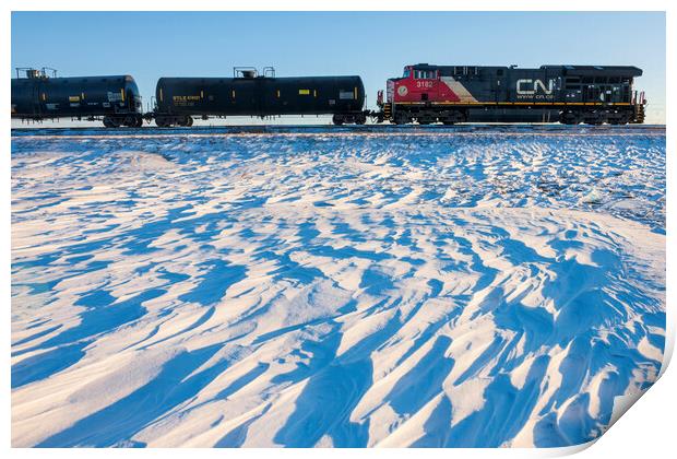 Locomotive Pulling Tanker Cars Passing Snow Drift Patterns Print by Dave Reede