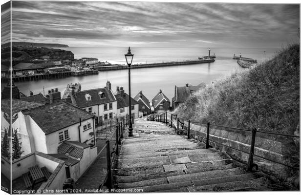 The 199 steps overlooking Whitby Harbour. Canvas Print by Chris North