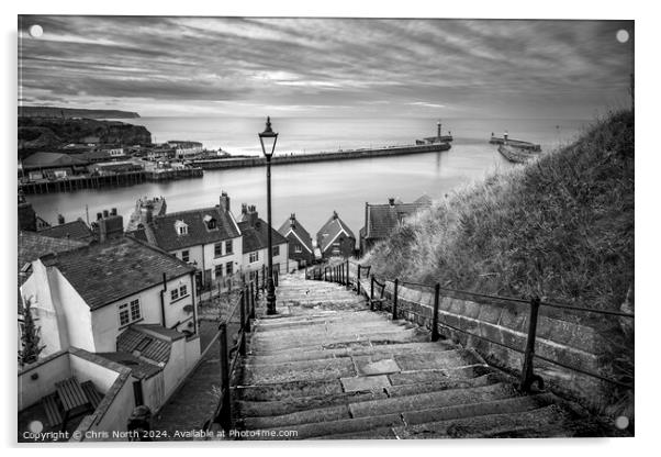 The 199 steps overlooking Whitby Harbour. Acrylic by Chris North