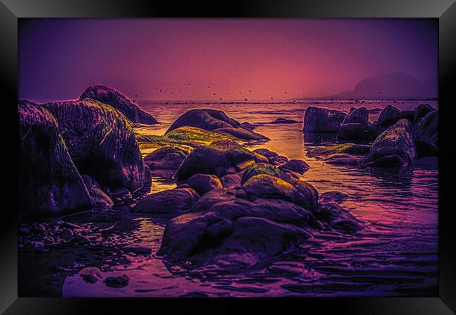 Rocks in the Mist at Stonehaven Framed Print by DAVID FRANCIS