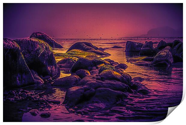 Rocks in the Mist at Stonehaven Print by DAVID FRANCIS