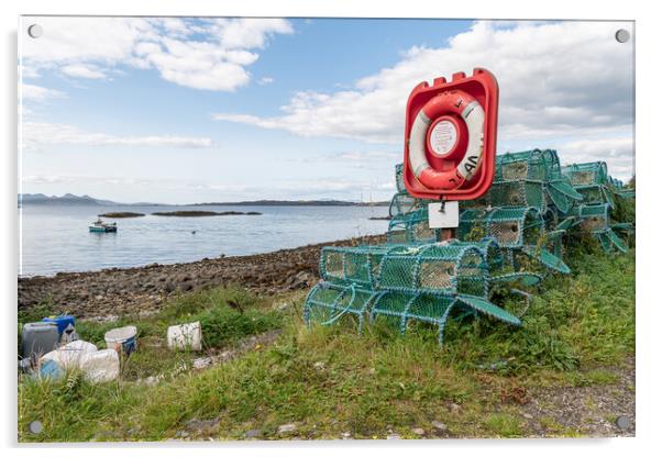 Lobster - crab pots stacked up around a life ring in Glenuig on the Sound of Arisaig, Highlands, Scotland Acrylic by Dave Collins