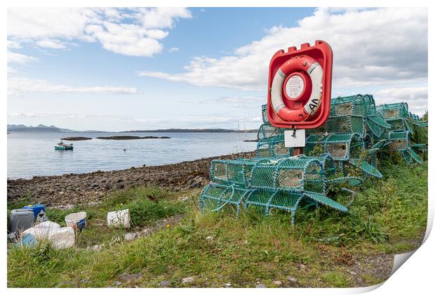 Lobster - crab pots stacked up around a life ring in Glenuig on the Sound of Arisaig, Highlands, Scotland Print by Dave Collins