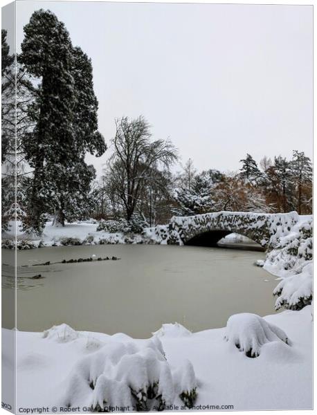 Old stone bridge and park lake in snow  Canvas Print by Robert Galvin-Oliphant