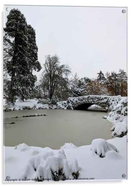 Old stone bridge and park lake in snow  Acrylic by Robert Galvin-Oliphant