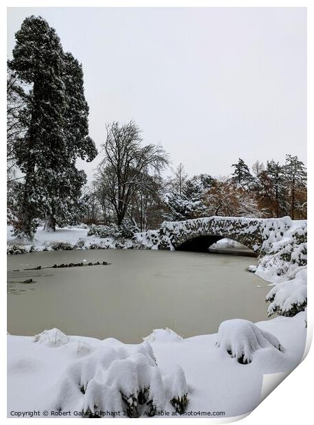 Old stone bridge and park lake in snow  Print by Robert Galvin-Oliphant