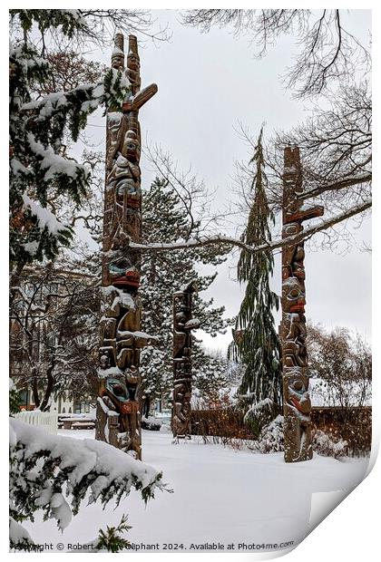 Totem poles in snow Print by Robert Galvin-Oliphant