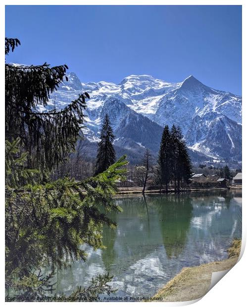 Lake and snowy Alps Print by Robert Galvin-Oliphant