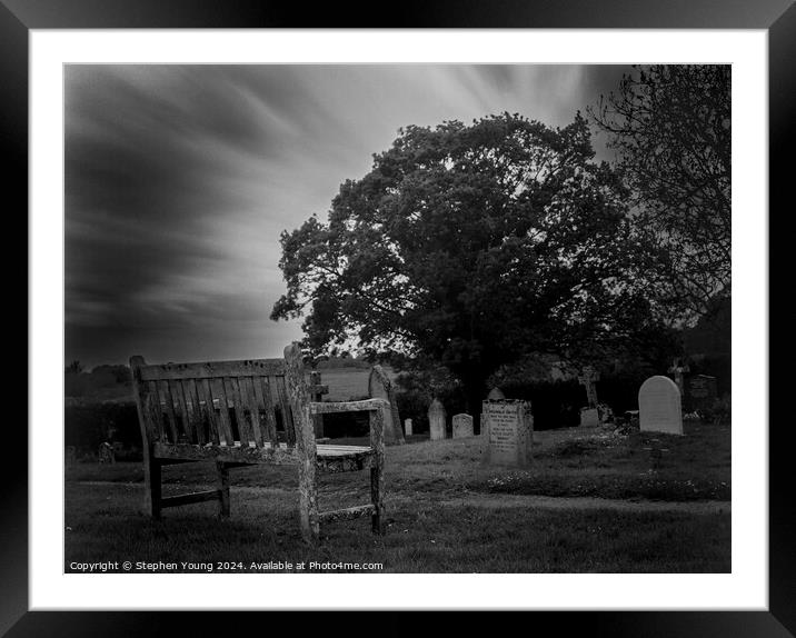 Bench in Graveyard Framed Mounted Print by Stephen Young