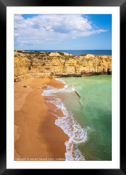 Vertical view of cliffs and ocean waves crashing onto beach near Framed Mounted Print by Laurent Renault