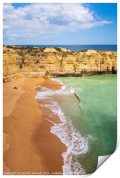 Vertical view of cliffs and ocean waves crashing onto beach near Print by Laurent Renault