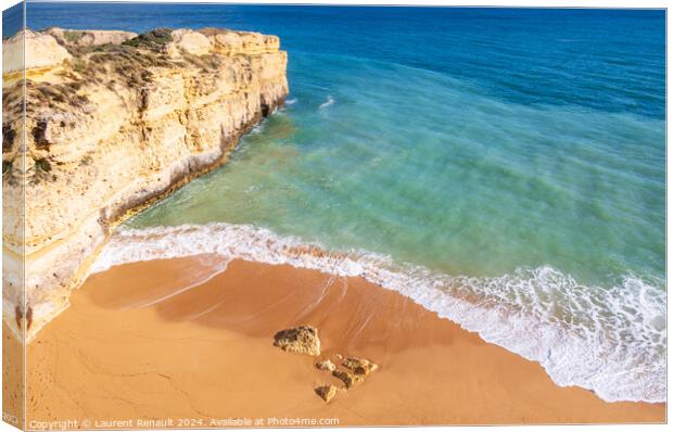 Top view over ocean and wave crushing on sandy beach in Algarve, Canvas Print by Laurent Renault