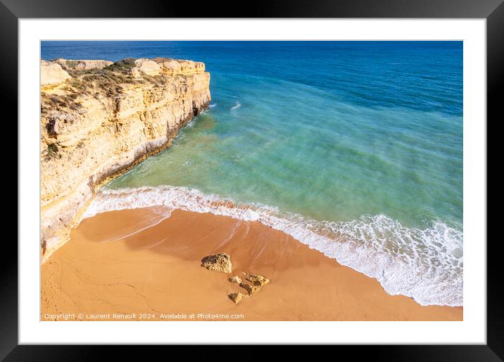 Top view over ocean and wave crushing on sandy beach in Algarve, Framed Mounted Print by Laurent Renault