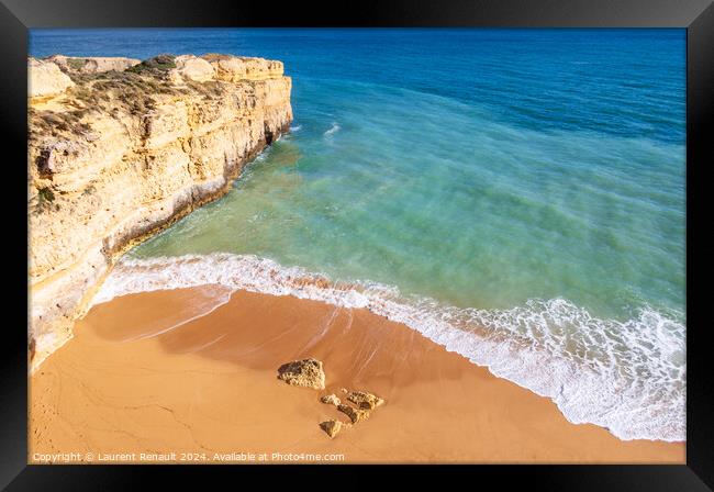 Top view over ocean and wave crushing on sandy beach in Algarve, Framed Print by Laurent Renault