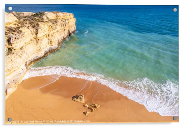 Top view over ocean and wave crushing on sandy beach in Algarve, Acrylic by Laurent Renault
