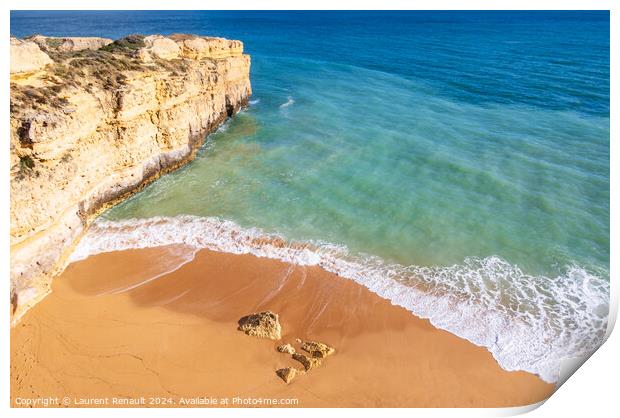 Top view over ocean and wave crushing on sandy beach in Algarve, Print by Laurent Renault
