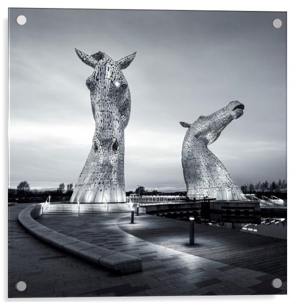 The Kelpies at Night in Mono  Acrylic by Anthony McGeever