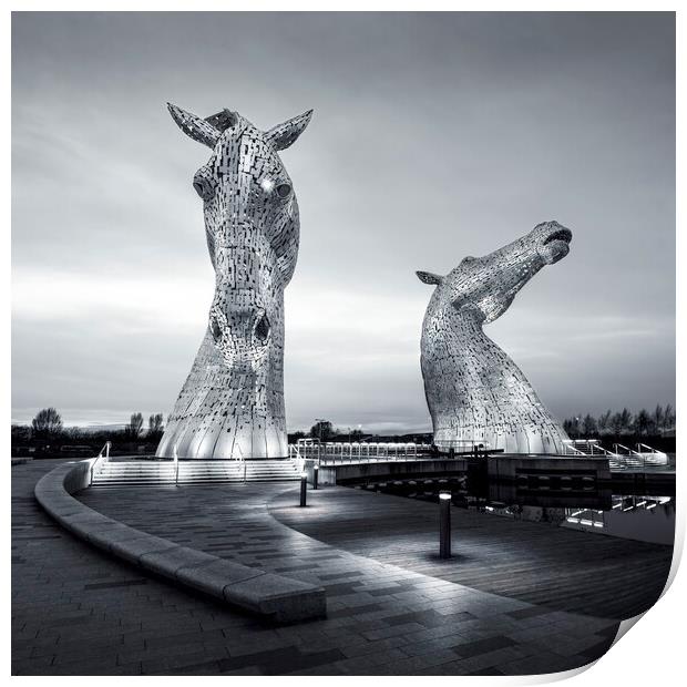 The Kelpies at Night in Mono  Print by Anthony McGeever