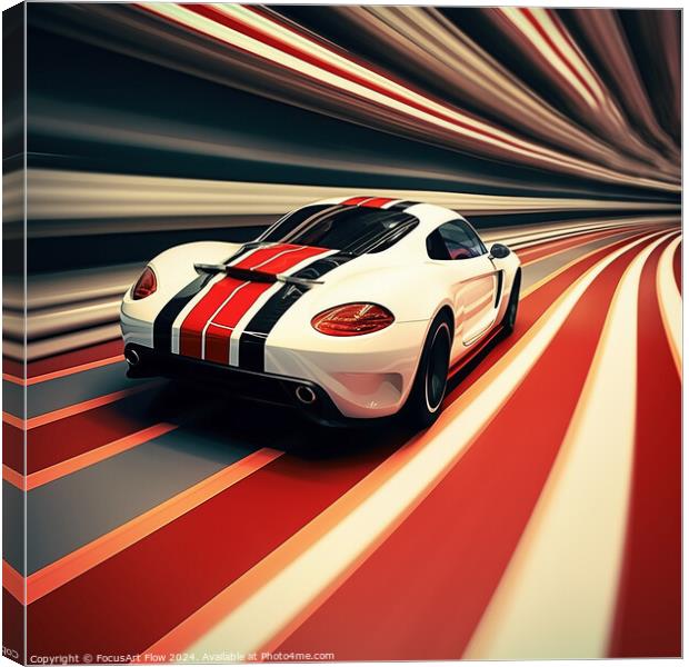 Speeding Sports Car with Racing Stripes on Track Canvas Print by FocusArt Flow
